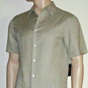 NWT Alfani Men's Beige Short Sleeve Linen Blend Dress Shirt Small